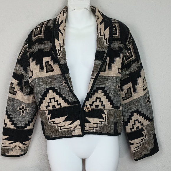 Vintage Flash Back Women's Aztec Southwest  Black / Cream Cotton Cardigan sz L - Picture 1 of 9